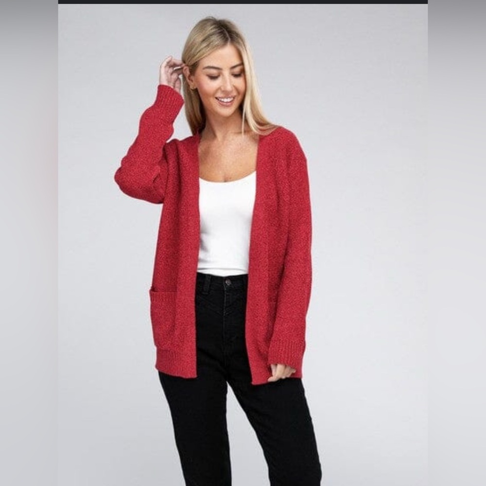 Red open front cardigan
